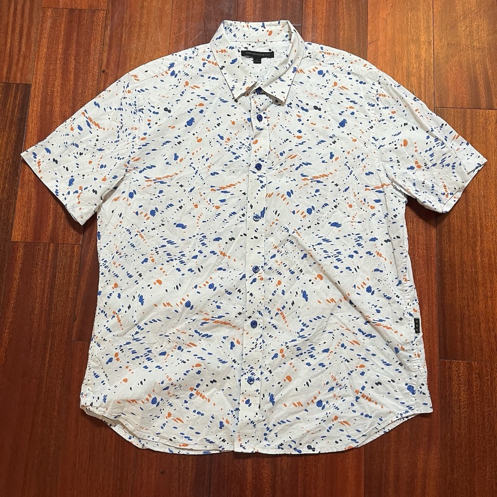 JOHN VARVATOS USA Shirt Mens Large White Blue LUX STAR USA PAINT SPLATTER Fancy